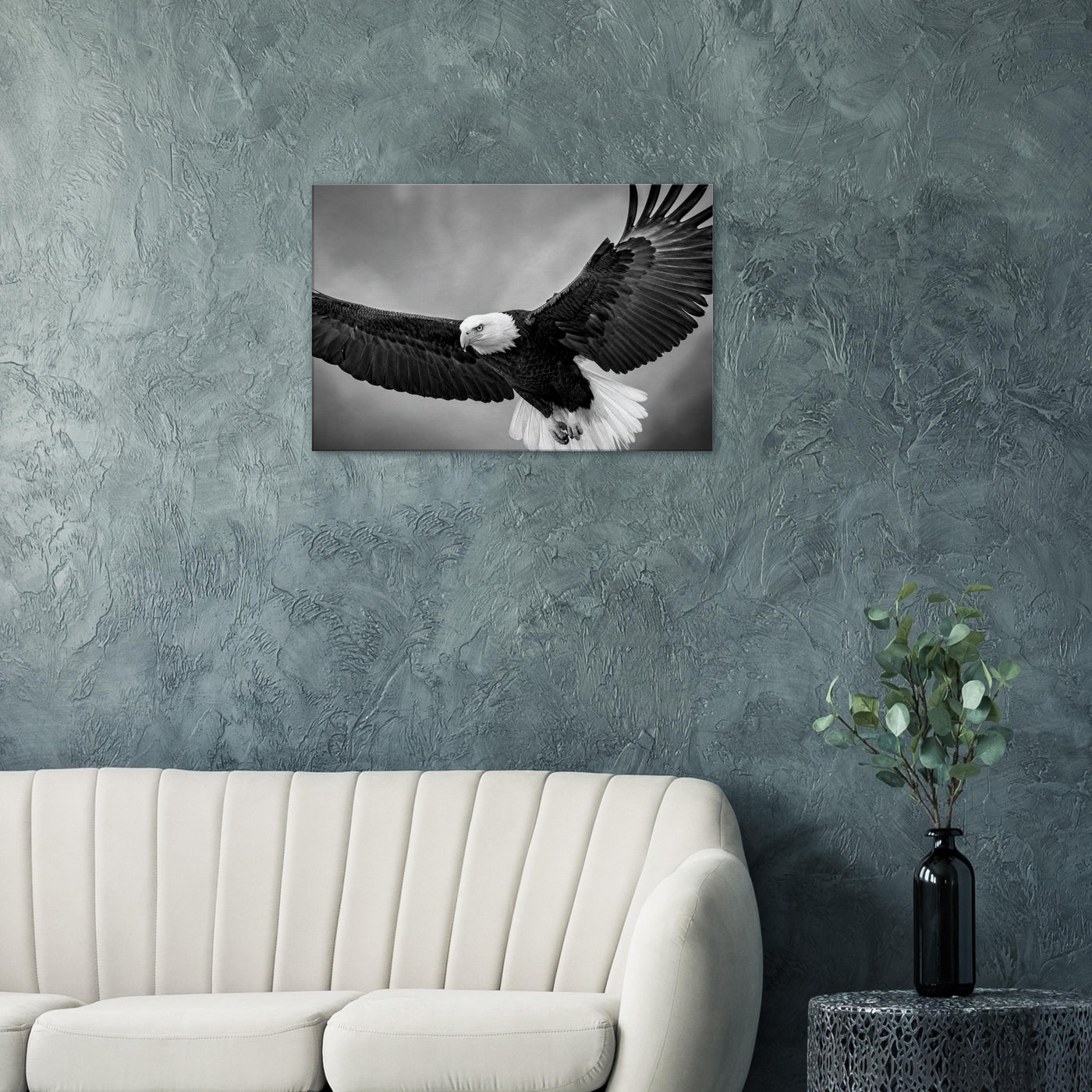 Canvas print of a bald eagle in flight — room view, ready to hang.
