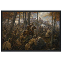 Framed print of a Revolutionary ambush in the northern woods, ready to hang.