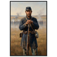 Framed portrait of a Union soldier standing with his rifle, ready to hang.
