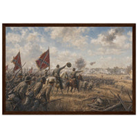 Framed art print of Civil War troops charging across a battlefield beneath a golden dusk sky, in a solid wood frame.