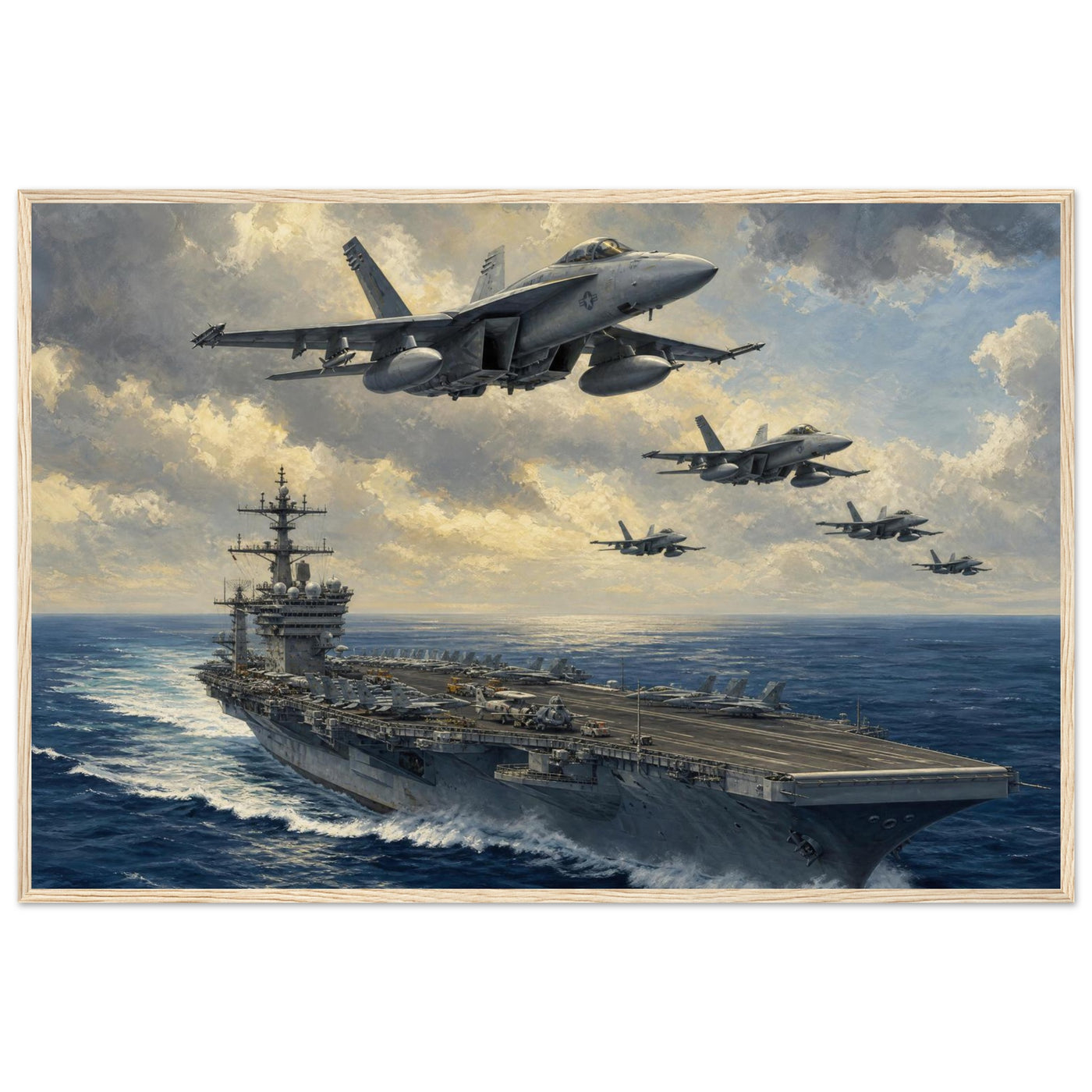 Wooden framed print of a U.S. Navy supercarrier — room view, ready to hang.