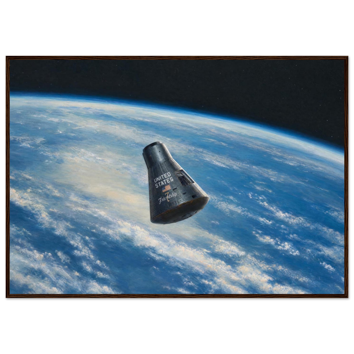 Framed panoramic art print of the Friendship 7 capsule orbiting Earth against the black of space, in a solid wood frame.