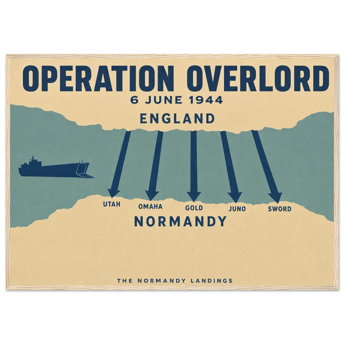 Overlord — Minimalist — framed poster print of the five D-Day beaches mapped from England, 12x18″ in a natural wood frame