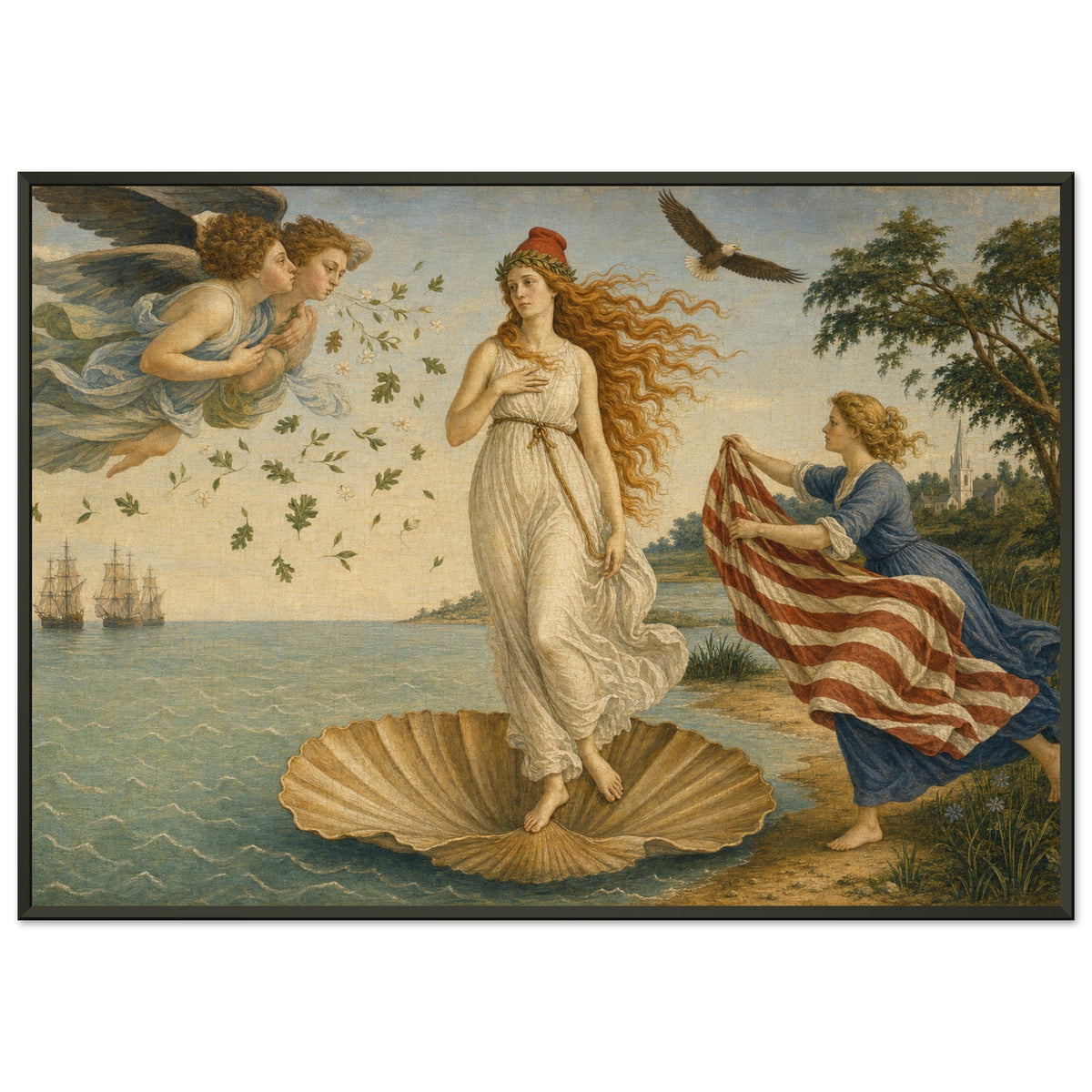 The Birth of Columbia — framed fine art print of Columbia on a scallop shell at the shore, an attendant holding out a striped cloak, in a black frame
