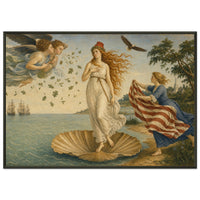 The Birth of Columbia — framed fine art print of Columbia on a scallop shell at the shore, an attendant holding out a striped cloak, in a black frame