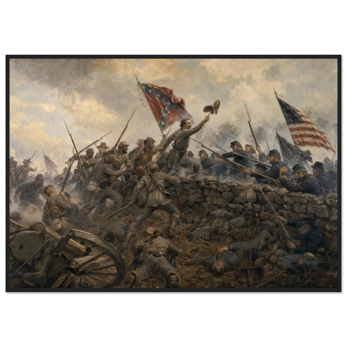 Framed art print of the hand-to-hand melee at the stone wall during Pickett's Charge, Confederate battle flag raised, in a solid wood frame.