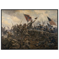 Framed art print of the hand-to-hand melee at the stone wall during Pickett's Charge, Confederate battle flag raised, in a solid wood frame.