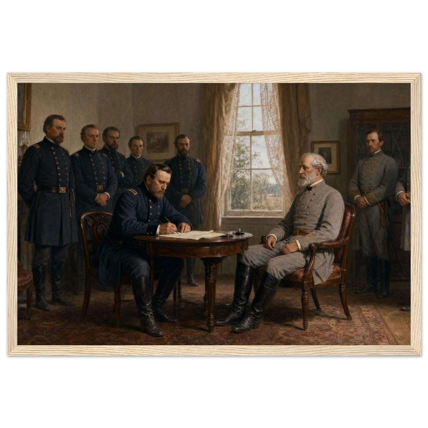 Framed historical painting of General Lee surrendering to General Grant at Appomattox Court House, in a solid wood frame.
