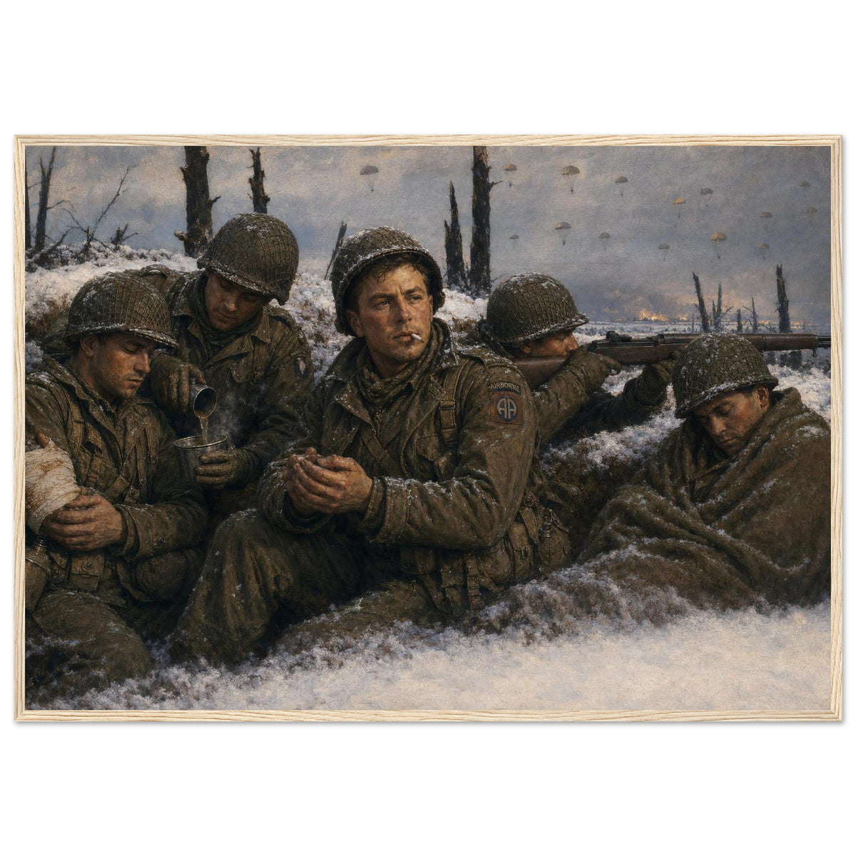 Holding at Bastogne — framed fine art print of paratroopers resting in a snowy foxhole, 12x18″ in a natural wood frame