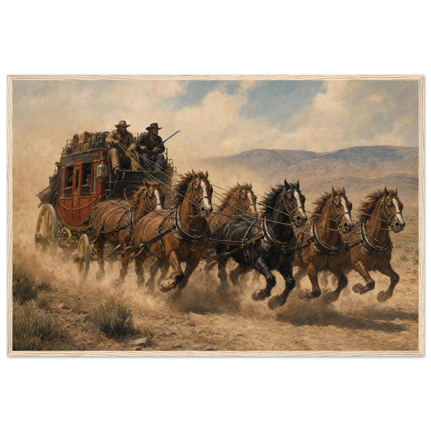 Wooden framed print of a Wild West stagecoach — room view, ready to hang.