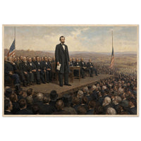 Framed art print of President Lincoln addressing the crowd at Gettysburg from a draped platform, in a solid wood frame.