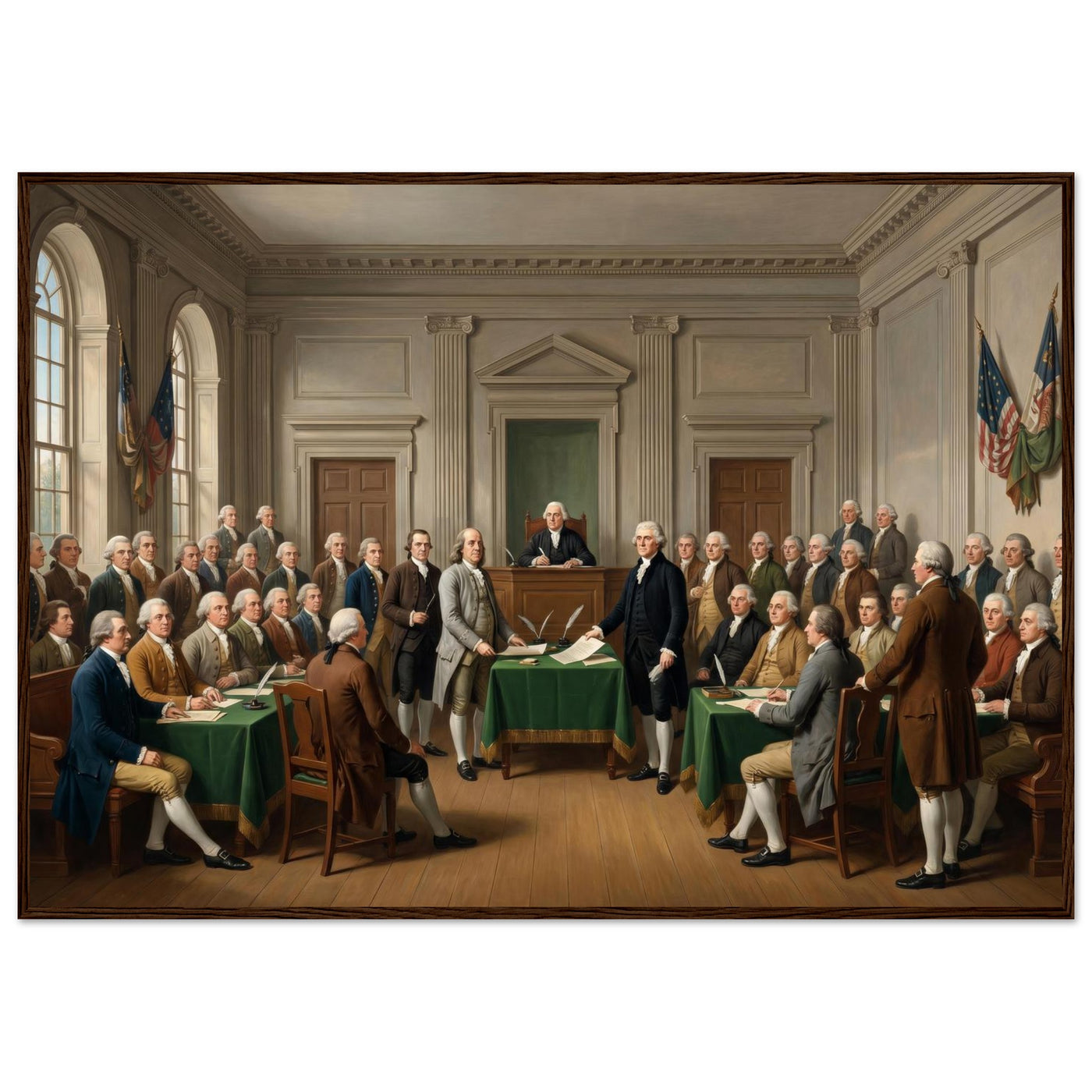 Wooden framed print of the signing of the Declaration — room view, ready to hang.