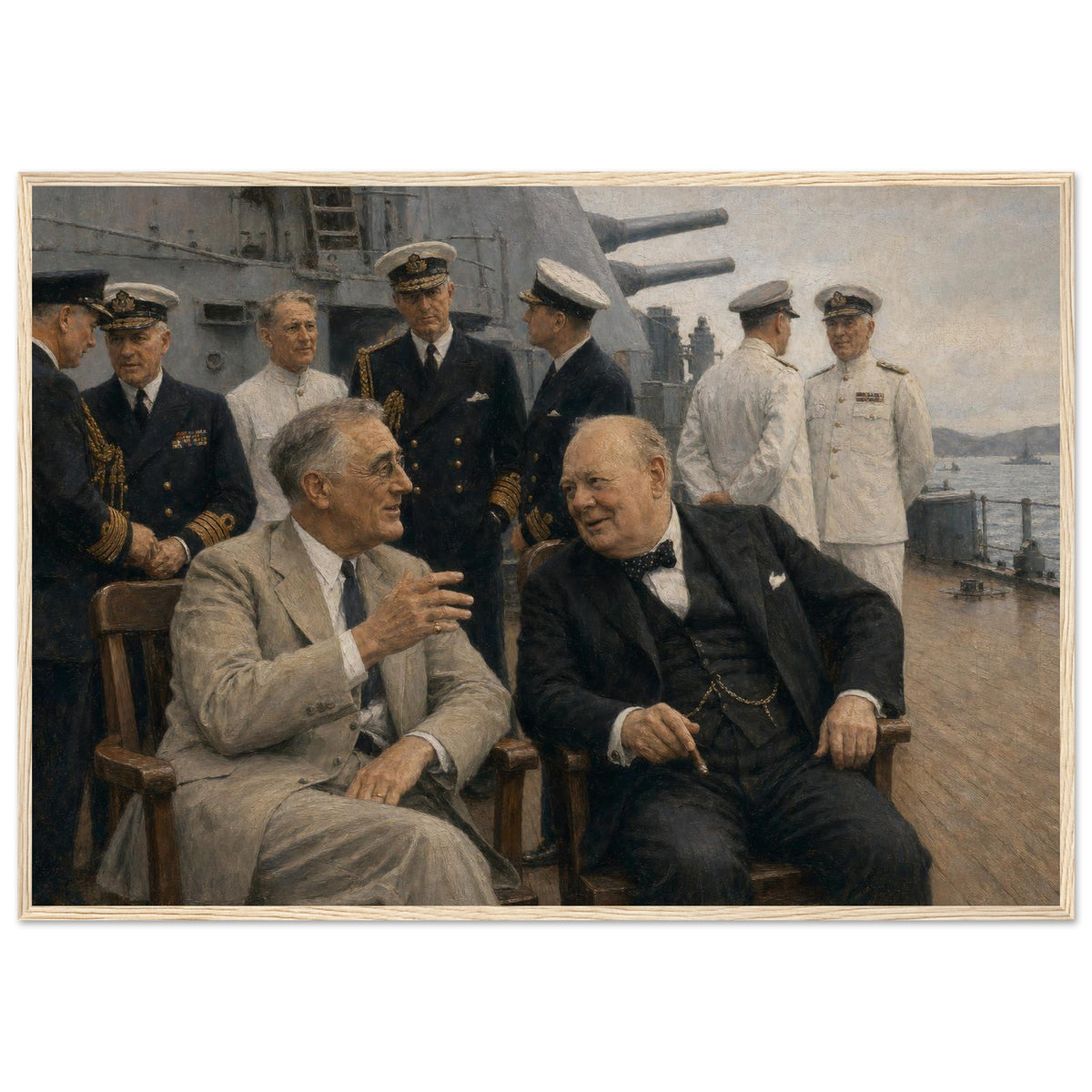 The Atlantic Charter — framed fine art print of Roosevelt and Churchill on a warship deck, 12x18″ in a natural wood frame