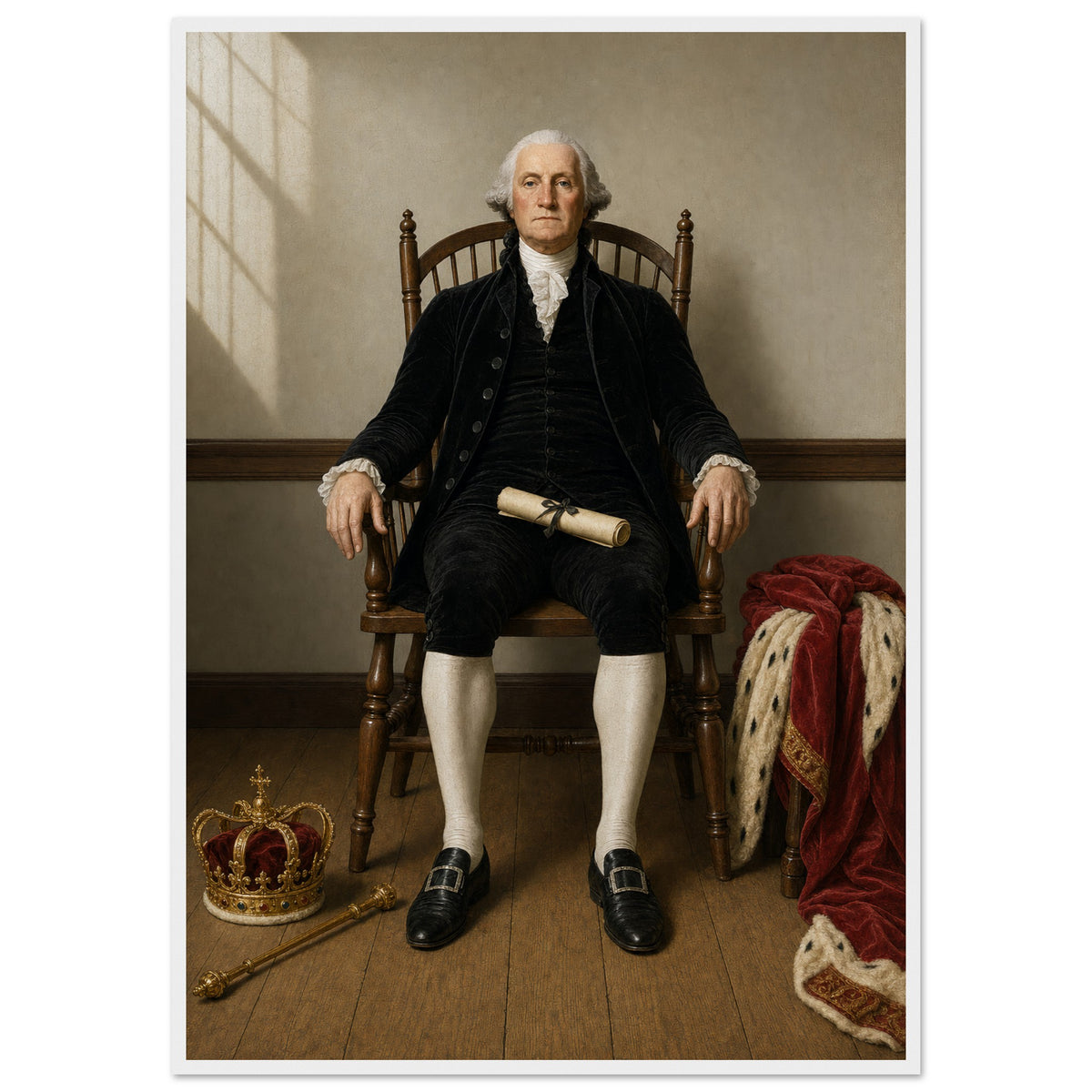 The Crown Refused — framed fine art print of Washington seated in a Windsor chair, a crown, scepter and ermine robe set aside nearby, in a white frame