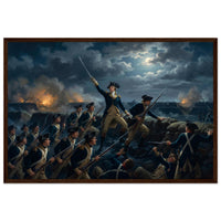 Framed print of the night storming of the redoubt at Yorktown, ready to hang.