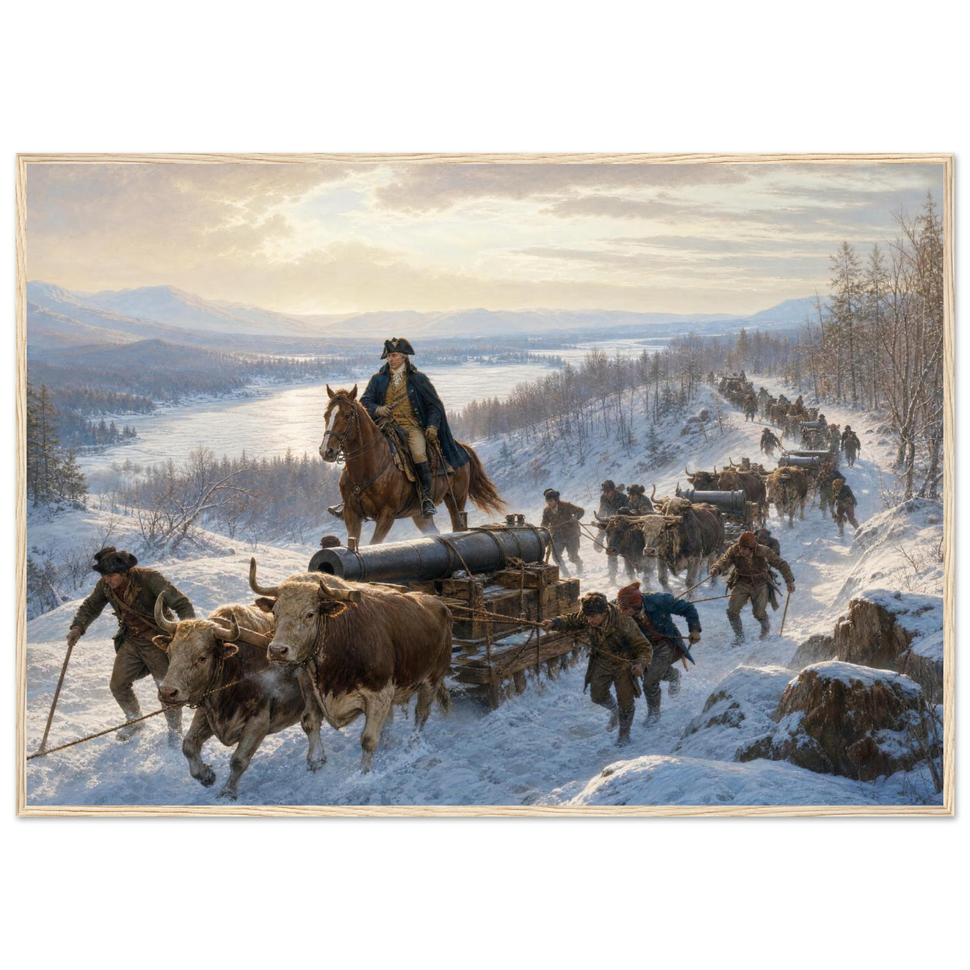 Framed art print of Civil War soldiers and wagons marching through deep snow, in a solid wood frame.