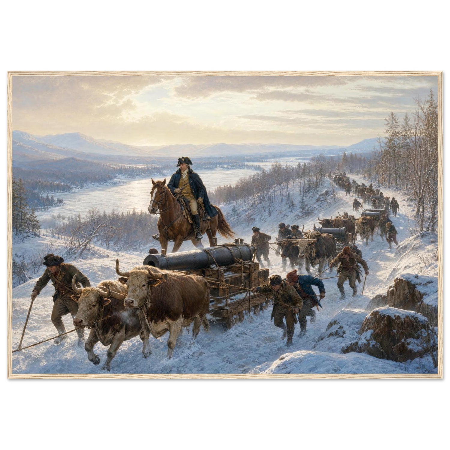 Framed art print of Civil War soldiers and wagons marching through deep snow, in a solid wood frame.