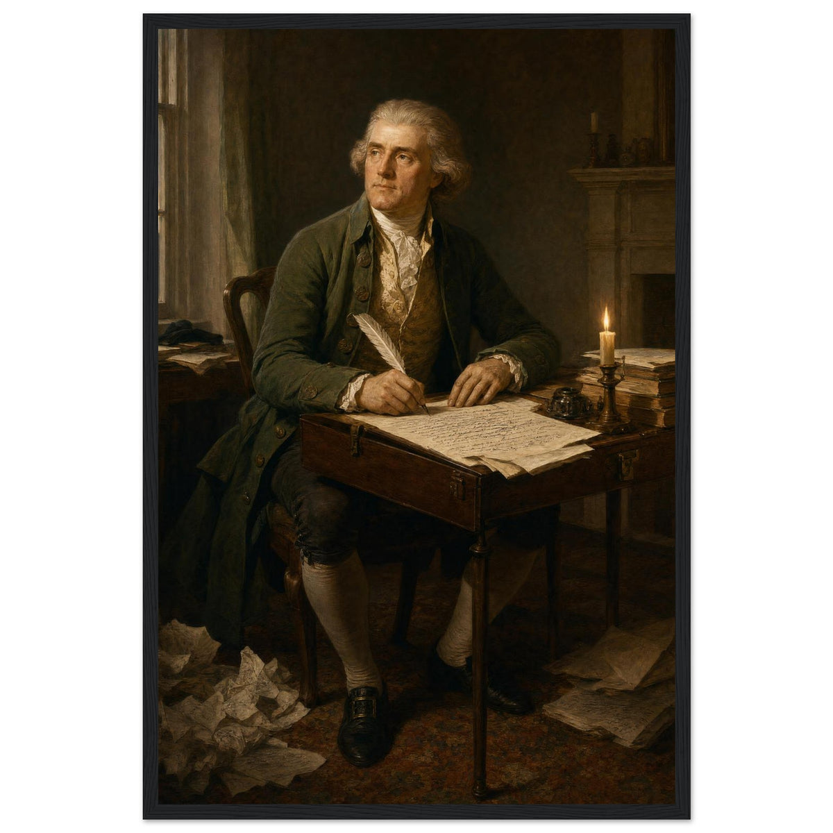 Framed portrait of Thomas Jefferson at his writing desk, ready to hang.