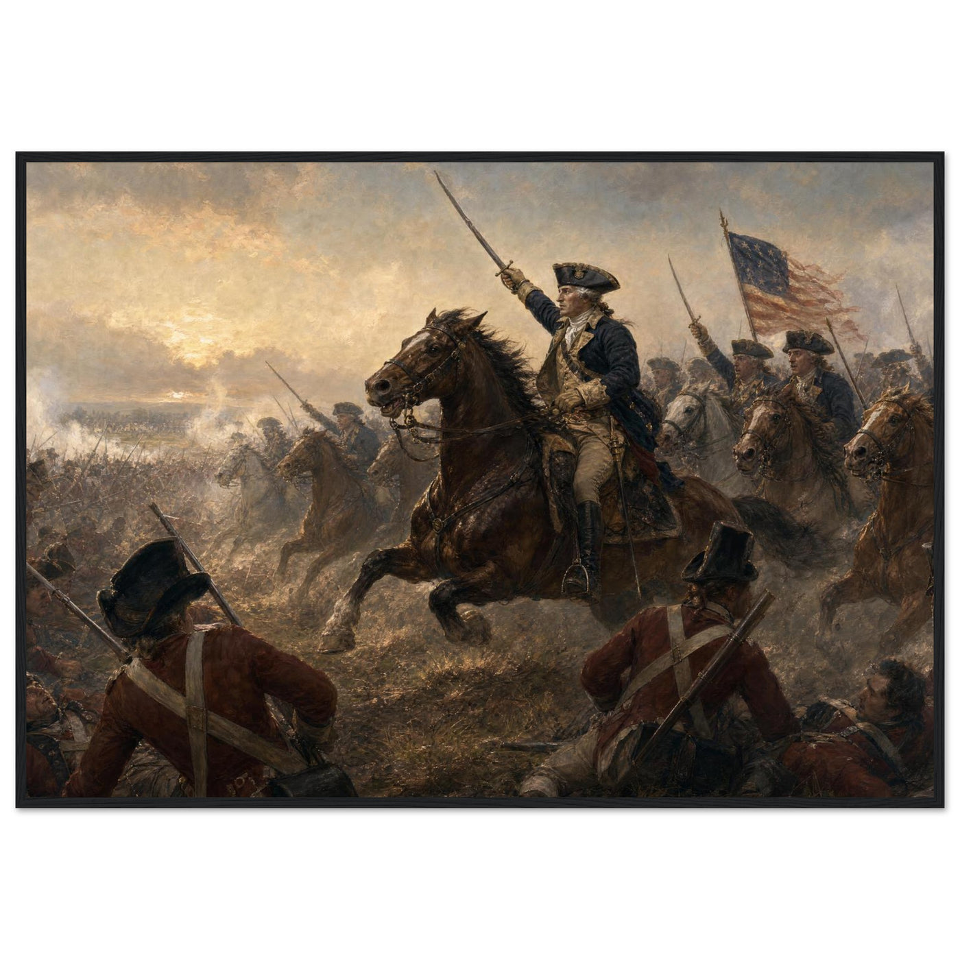 Framed print of a Revolutionary cavalry charge with the flag, ready to hang.