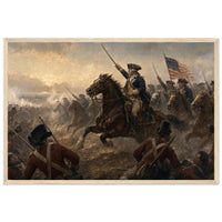 Framed print of a Revolutionary cavalry charge with the flag, ready to hang.