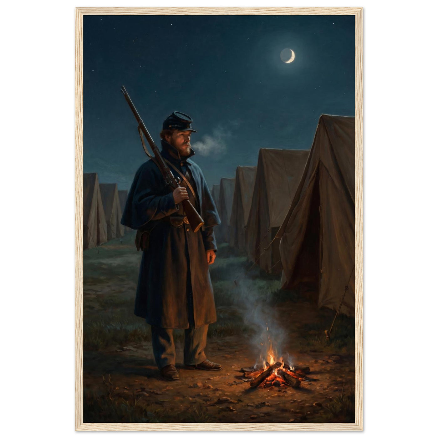 Framed print of a Union sentinel keeping watch by a campfire at night, ready to hang.