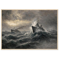 North Atlantic Convoy — framed fine art print of a destroyer and freighters in heavy seas, 28x40″ in a natural wood frame