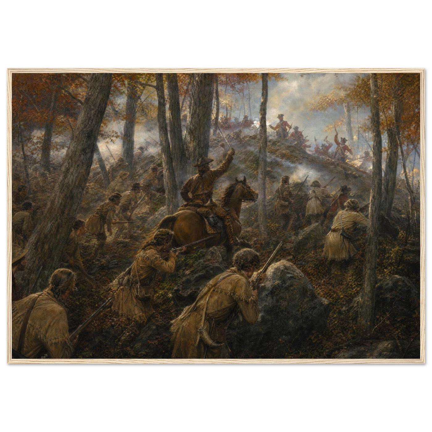 Framed print of a Revolutionary ambush in the northern woods, ready to hang.
