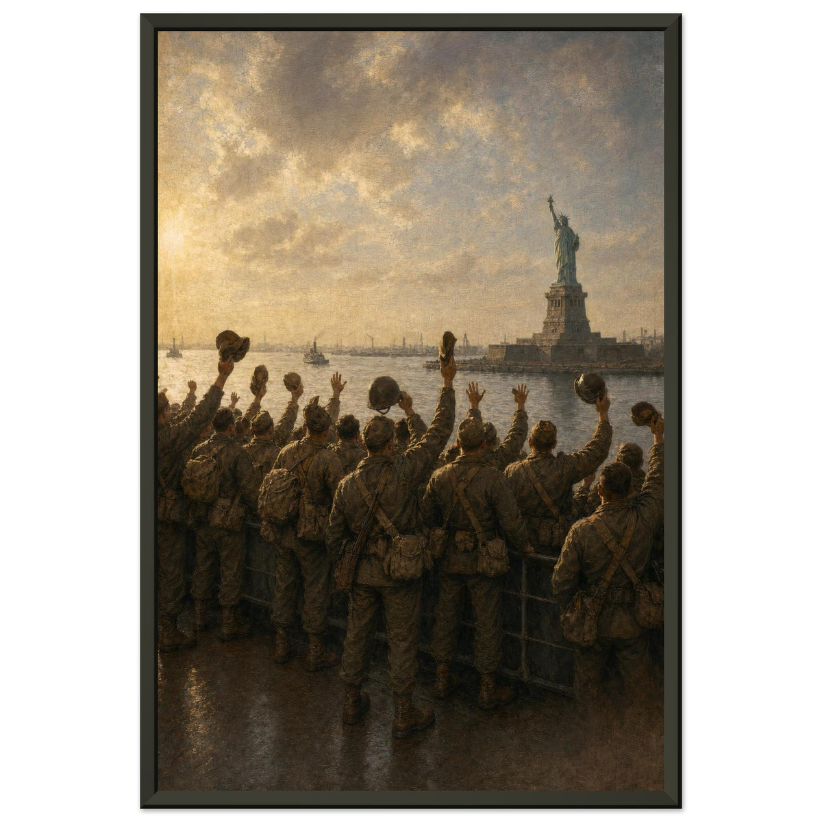 Into New York Harbor — framed fine art print of troops waving at the Statue of Liberty, 24x36″ in a black frame