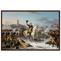 Framed print of Washington rallying the troops at Trenton, ready to hang.