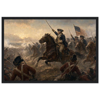 Framed print of a Revolutionary cavalry charge with the flag, ready to hang.