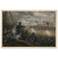 Framed art print of Union soldiers firing from a skirmish line amid drifting gun smoke, in a solid wood frame.
