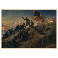 Framed panoramic art print of soldiers advancing through smoke and fire on the battlefield, in a solid wood frame.