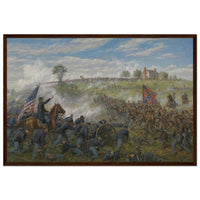 Framed panoramic art print of the smoke-filled Confederate assault during Pickett's Charge at Gettysburg, in a solid wood frame.