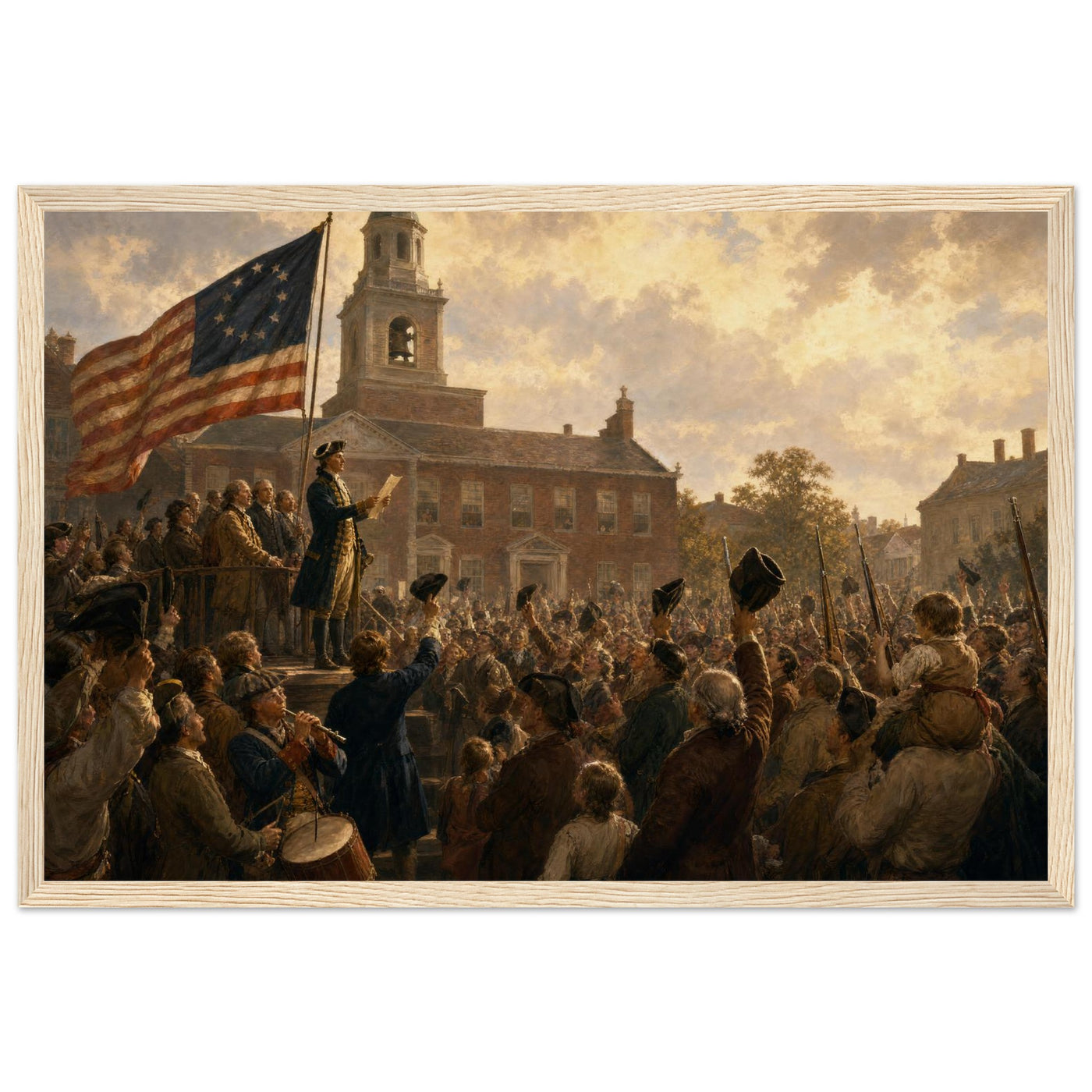 Wooden framed print of the first public reading of the Declaration — room view, ready to hang.