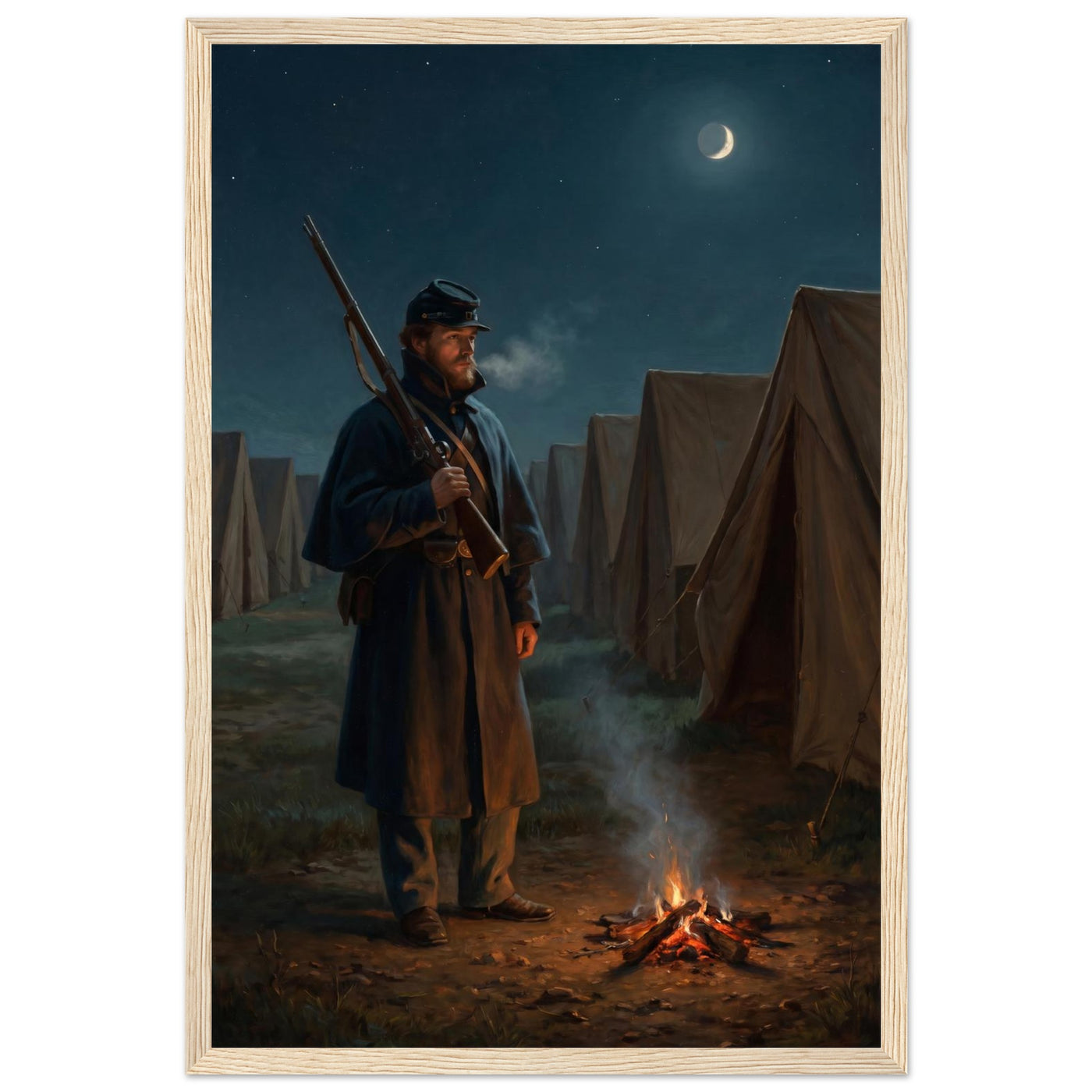 Framed print of a Union sentinel keeping watch by a campfire at night, ready to hang.
