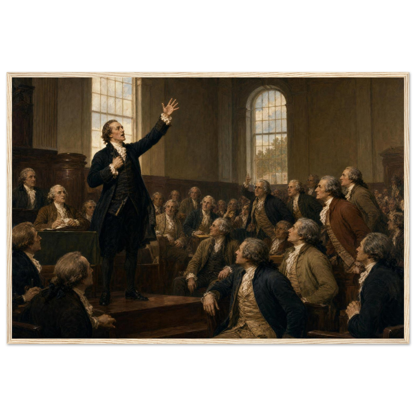 Framed art print of an impassioned orator with raised arm addressing a seated assembly, in a solid wood frame.