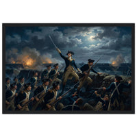 Framed print of the night storming of the redoubt at Yorktown, ready to hang.