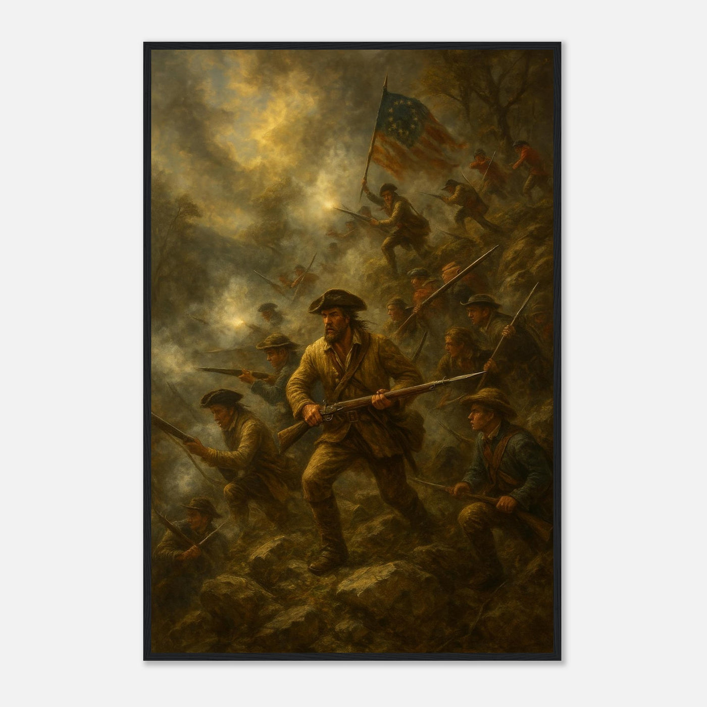 Framed print of the Battle of Kings Mountain, ready to hang.