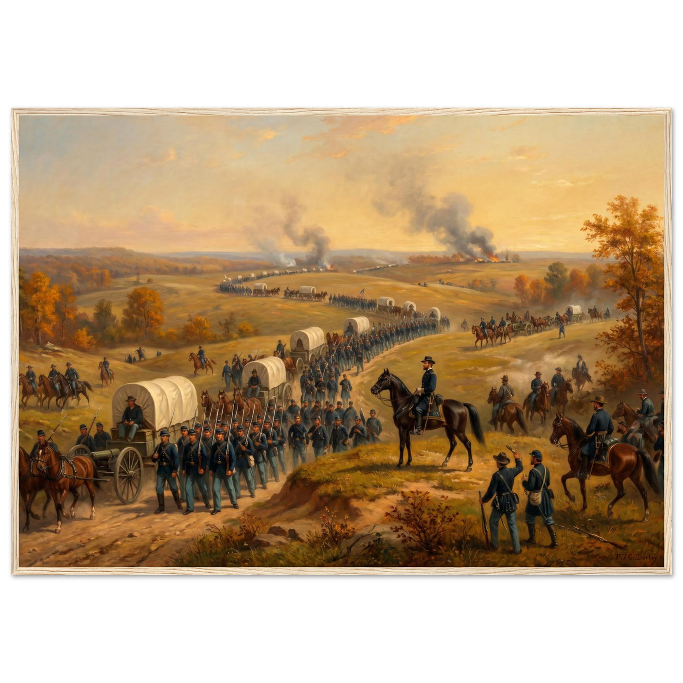 Framed panoramic art print of a Civil War cavalry and wagon column marching at sunset, in a solid wood frame.
