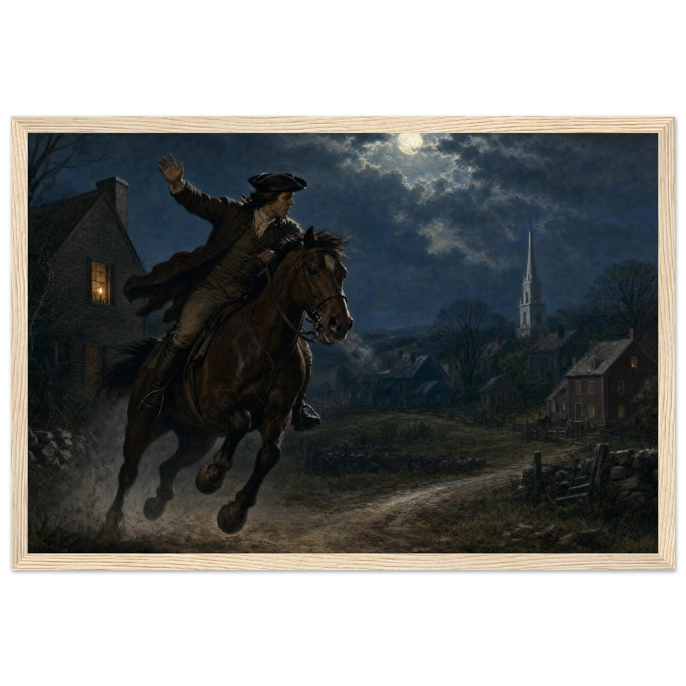 Framed print of Paul Revere's midnight ride, ready to hang.