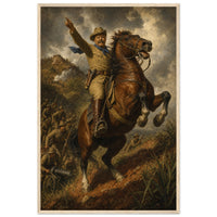 Up San Juan Hill — framed fine art print of Theodore Roosevelt on a rearing bay horse pointing uphill, troopers climbing behind him, in a natural wood frame