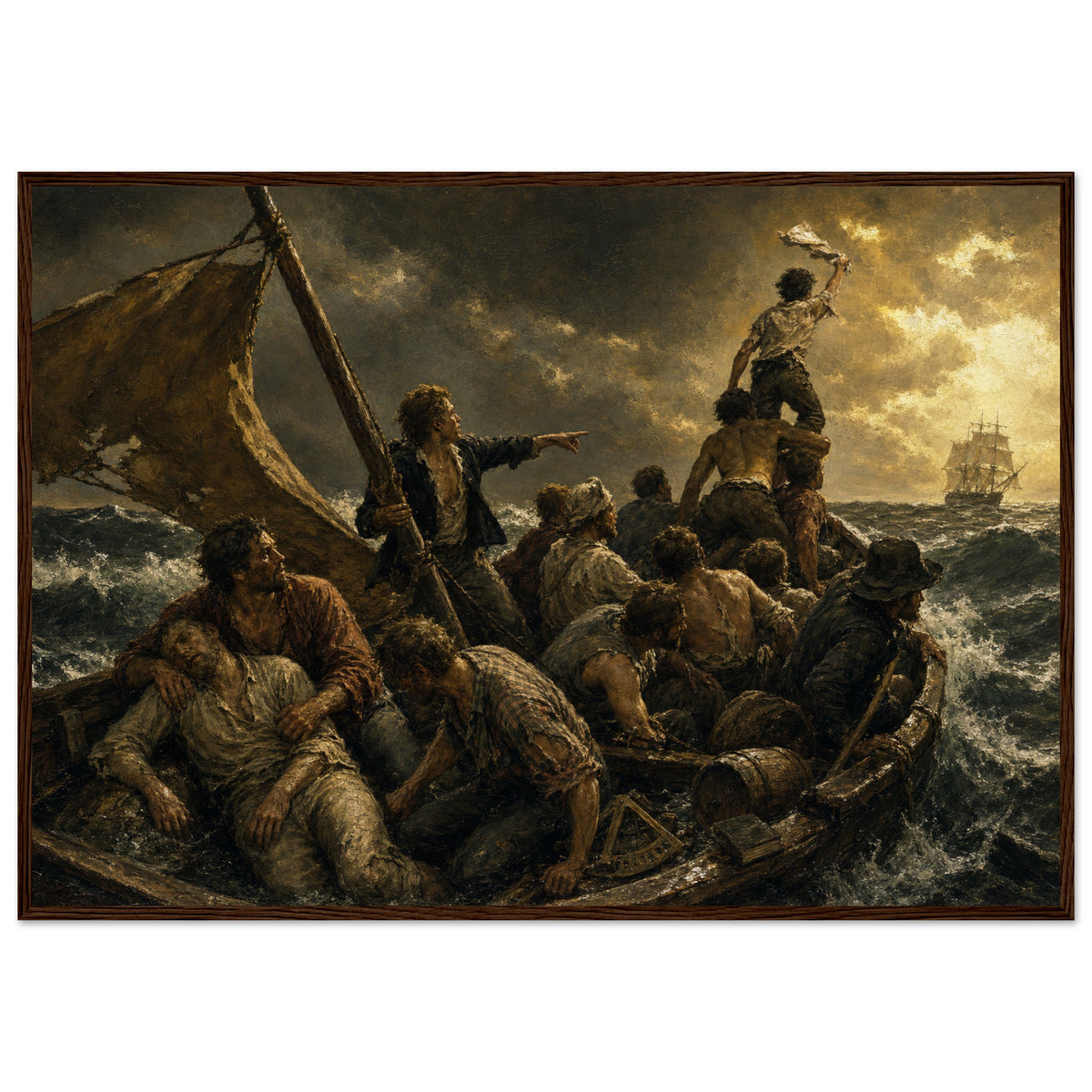 The Wreck of the Essex — framed fine art print of shipwrecked whalemen crowded in an open boat, one waving a shirt at a distant ship, in a dark wood frame