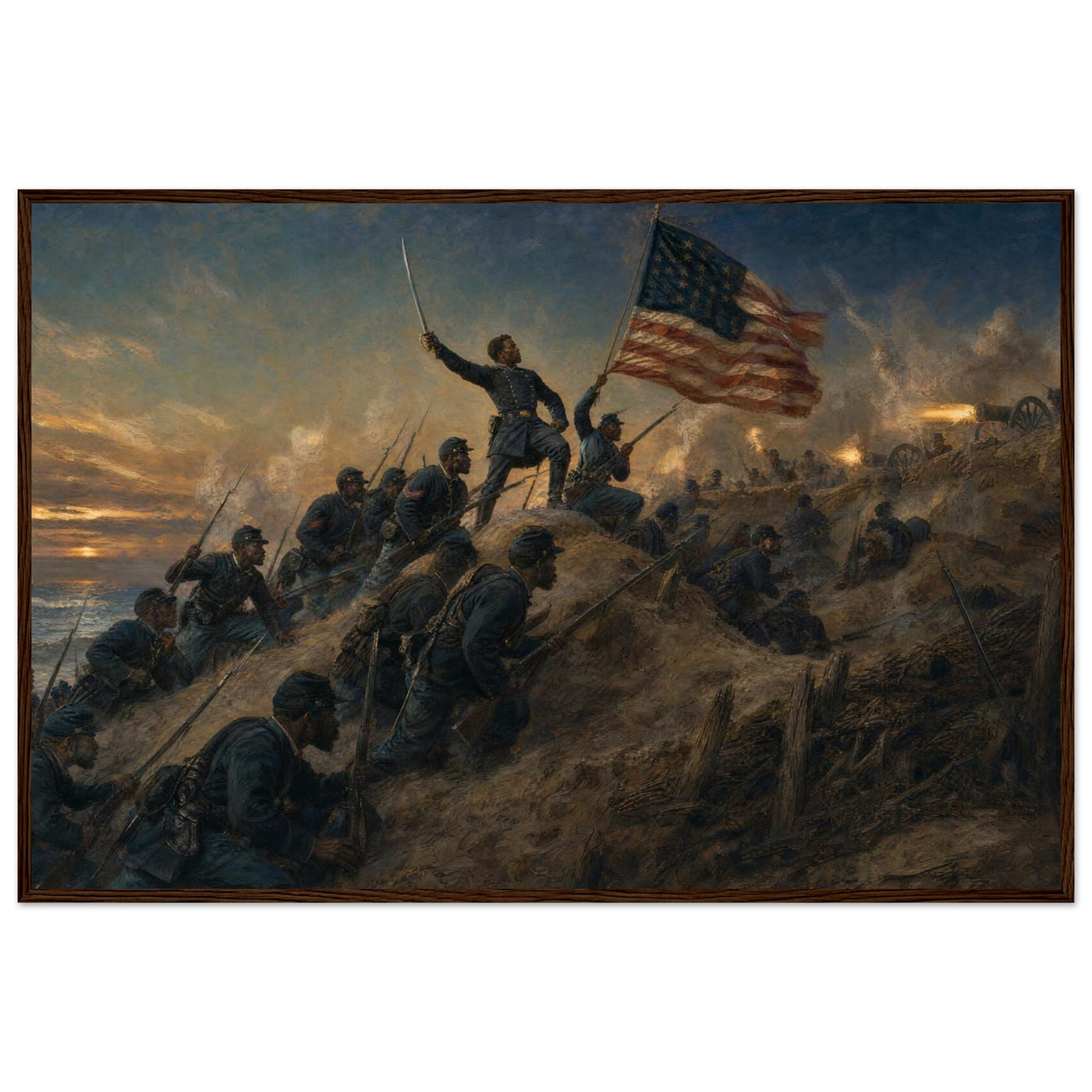 Framed panoramic art print of soldiers advancing through smoke and fire on the battlefield, in a solid wood frame.