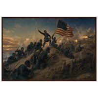 Framed panoramic art print of soldiers advancing through smoke and fire on the battlefield, in a solid wood frame.