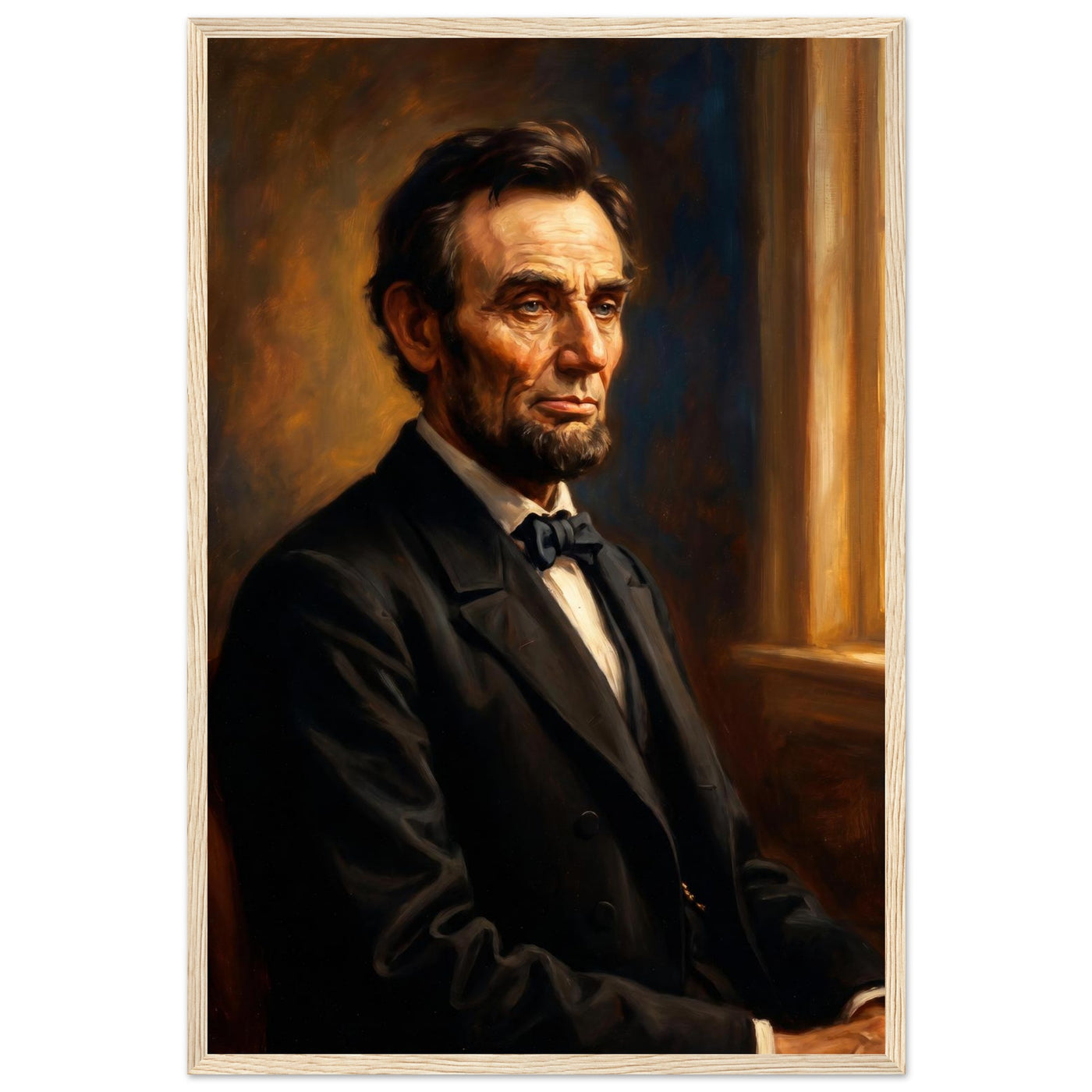 Framed seated portrait of Abraham Lincoln, ready to hang.