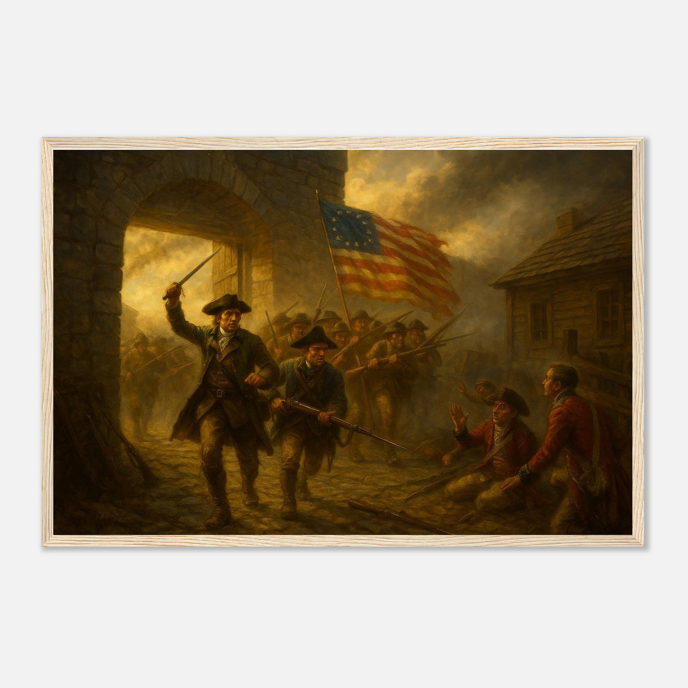 Framed print of the capture of Fort Ticonderoga, ready to hang.