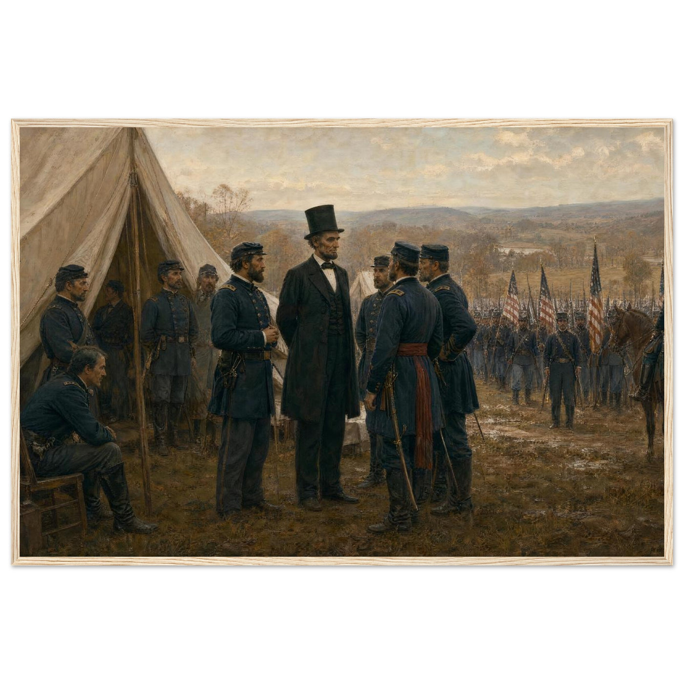 Framed art print of a Union army encampment with tents and officers at Antietam, in a solid wood frame.