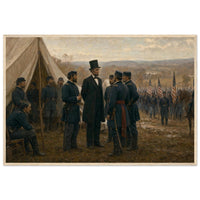 Framed art print of a Union army encampment with tents and officers at Antietam, in a solid wood frame.