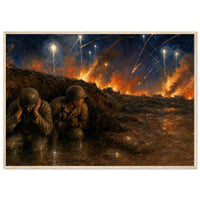 Night Bombardment at Anzio — framed fine art print of two GIs in a trench under shellfire, 12x18″ in a natural wood frame