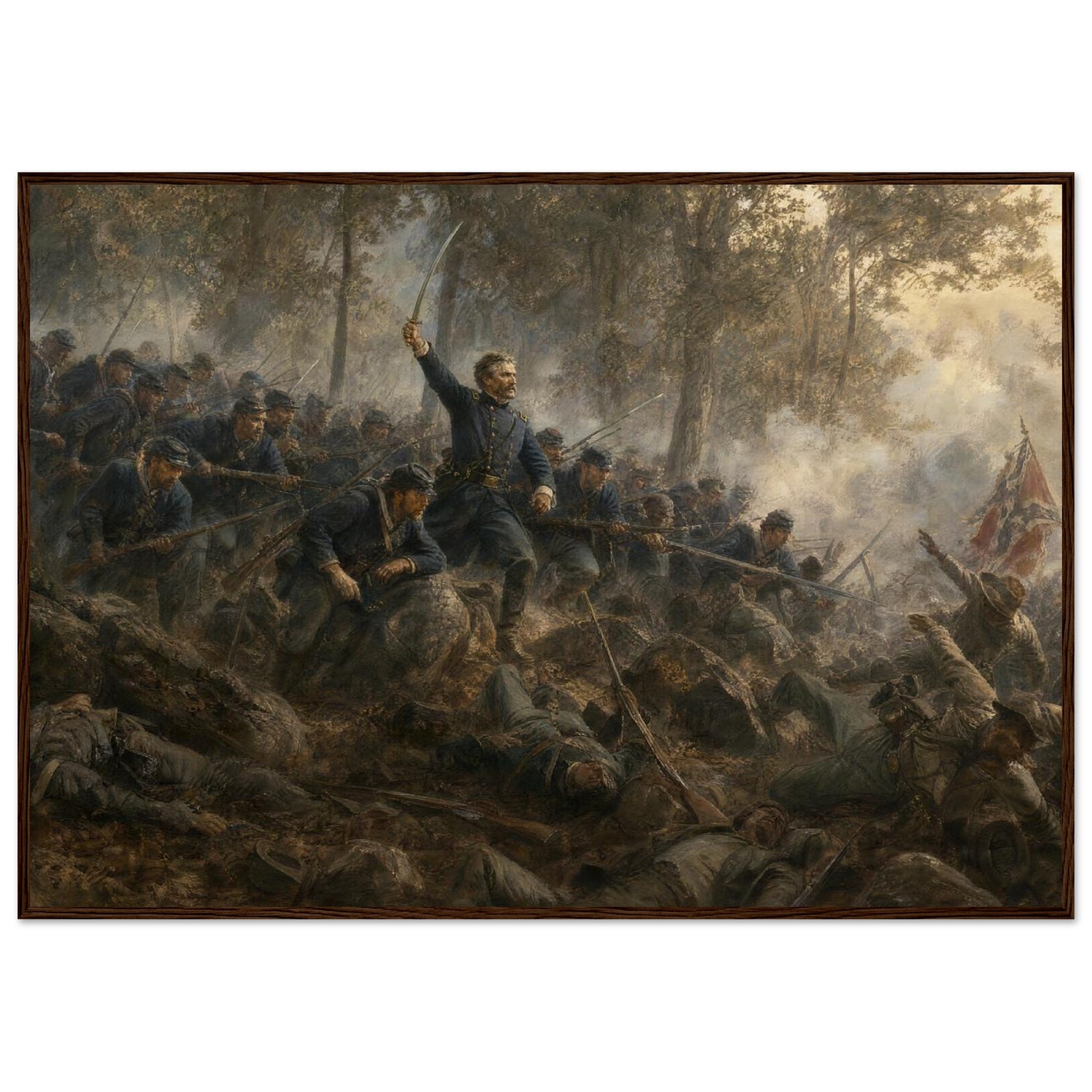Framed art print of Union infantry charging up a rocky ridge with the colors flying, in a solid wood frame.